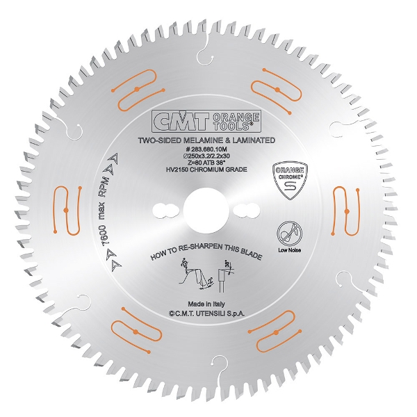 CMT - INDUSTRIAL LOW NOISE & CHROME COATED CUT-OFF CIRCULAR SAW BLADES FOR TWO-SIDED MELAMINE 250-300MM