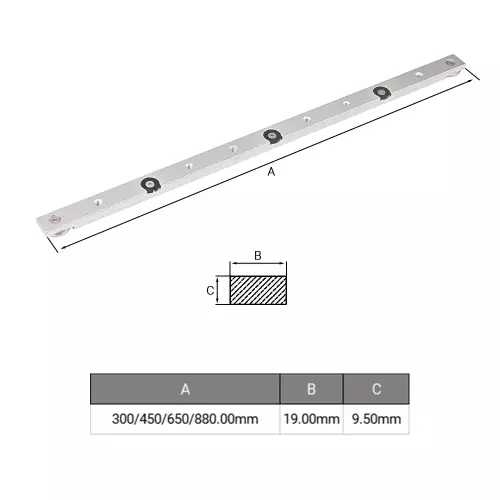 Alumiininen liukukisko - 300mm - 19mm (3/4") - sopii liukukiskon kanavaan