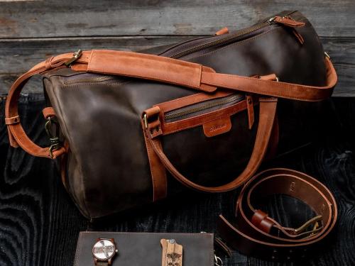 Beavercraft - Journey - Leather Travel Luggage Duffel Bag, Chocolate
