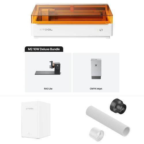 xTool - M2 10 W -laserleikkuri ja -kaiverrin, Deluxe + pöytäilmanpuhdistin + poistoputken sovitin