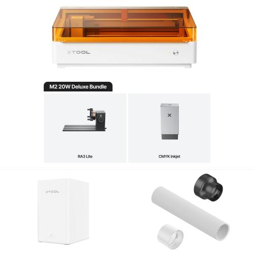 xTool - M2 20 W -laserleikkuri ja -kaiverrin, Deluxe + pöytäilmanpuhdistin + poistoputken sovitin