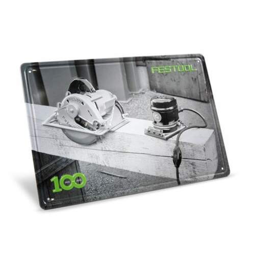 Festool - 100-vuotisjuhlavuoden metallikyltti, joka esittää vanhoja työkaluja MES-FT1 100Y