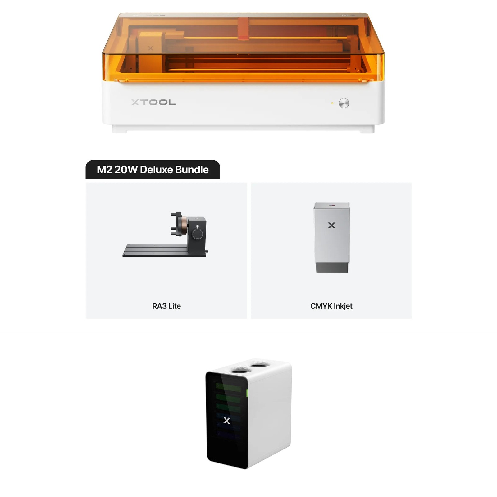xTool - M2 20 W -laserleikkuri ja -kaiverrin, Deluxe + SafetyPro™ AP2 -ilmanpuhdistin