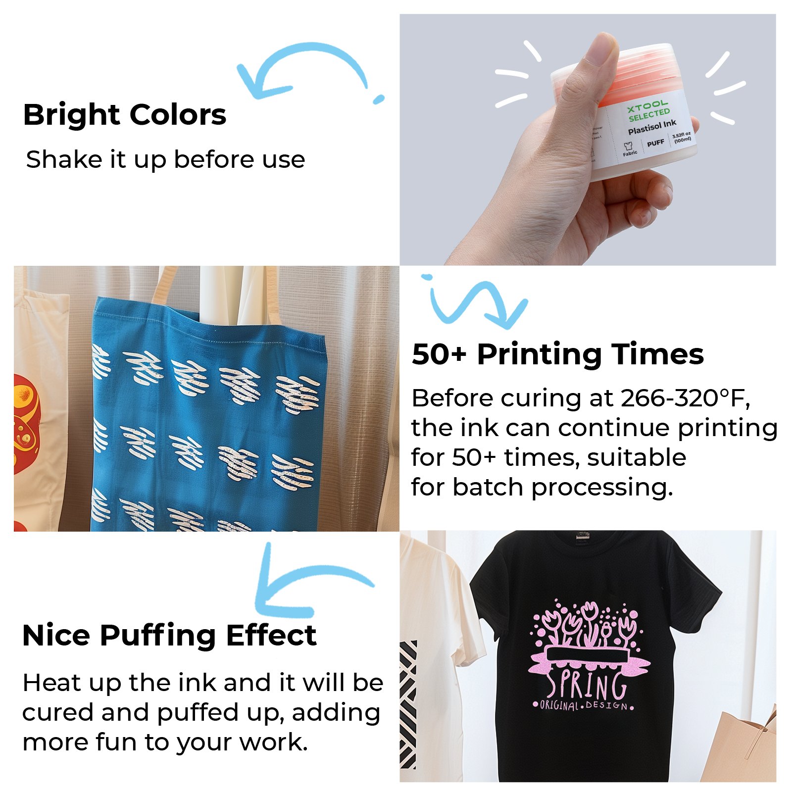 xTool - Puff Plastisol -kohomuste kankaan silkkipainoon 100 ml (4 väriä)